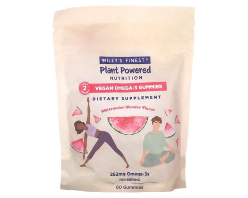 Рыбий жир и Омега 3, 6, 9 Wiley's Finest, Plant Powered Nutrition, веганские жевательные мармеладки с омега-3, арбузное чудо, 131 мг, 60 жевательных таблеток Рыбий жир и Омега 3, 6, 9 Wiley's Finest, Plant Powered Nutrition, веганские жевательные мармеладки с омега-3, арбузное чудо, 131 мг, 60 жевательных таблеток