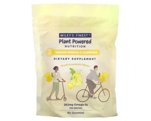 Рыбий жир и Омега 3, 6, 9 Wiley's Finest, Plant Powered Nutrition, веганские жевательные мармеладки с омега-3, свежий лимонад, 131 мг, 60 жевательных таблеток Рыбий жир и Омега 3, 6, 9 Wiley's Finest, Plant Powered Nutrition, веганские жевательные мармеладки с омега-3, свежий лимонад, 131 мг, 60 жевательных таблеток
