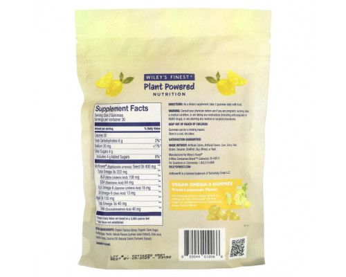 Рыбий жир и Омега 3, 6, 9 Wiley's Finest, Plant Powered Nutrition, веганские жевательные мармеладки с омега-3, свежий лимонад, 131 мг, 60 жевательных таблеток Рыбий жир и Омега 3, 6, 9 Wiley's Finest, Plant Powered Nutrition, веганские жевательные мармеладки с омега-3, свежий лимонад, 131 мг, 60 жевательных таблеток