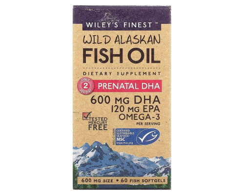 Wiley's Finest, Дикий Аляскинский Рыбий Жир, Пренатальный DHA, 600 мг, 60 Рыбные Капсулы Wiley's Finest, Дикий Аляскинский Рыбий Жир, Пренатальный DHA, 600 мг, 60 Рыбные Капсулы