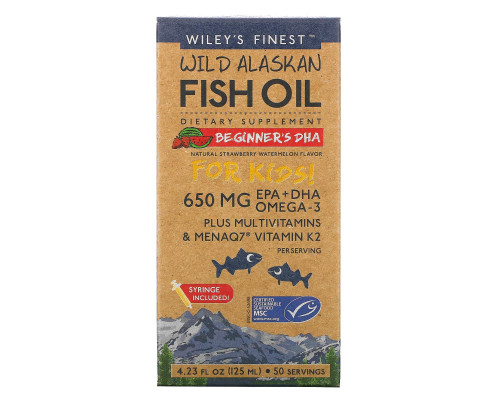 Wiley's Finest, Wild Alaskan Fish Oil, For Kids!, Beginner's DHA, Natural Strawberry Watermelon Flavor, 650 mg, 4.23 fl oz (125 ml) Wiley's Finest, Wild Alaskan Fish Oil, For Kids!, Beginner's DHA, Natural Strawberry Watermelon Flavor, 650 mg, 4.23 fl oz (125 ml)