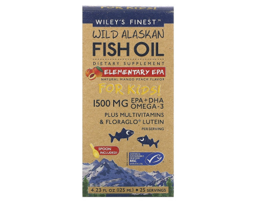 Wiley's Finest, Дикий Аляскинский рыбий жир, Начальное EPA, для детей!, Натуральный Манго Персиковый Аромат, 1500 мг, 4.23 жидких унции (125 мл) Wiley's Finest, Дикий Аляскинский рыбий жир, Начальное EPA, для детей!, Натуральный Манго Персиковый Аромат, 1500 мг, 4.23 жидких унции (125 мл)