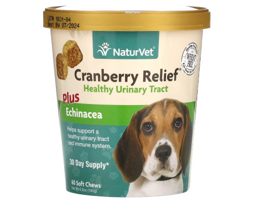 NaturVet, Cranberry Relief, с эхинацеей, добавка для поддержки здоровья мочевыводящих путей и поддержки иммунитета, для собак, 60 жевательных таблеток, 180 г (6,3 унции) NaturVet, Cranberry Relief, с эхинацеей, добавка для поддержки здоровья мочевыводящих путей и поддержки иммунитета, для собак, 60 жевательных таблеток, 180 г (6,3 унции)
