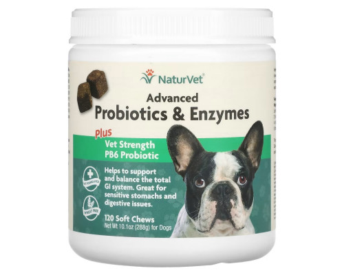 NaturVet, Улучшенные пробиотики и ферменты, а также пробиотик Vet Strength PB6 для собак, 120 жевательных таблеток NaturVet, Улучшенные пробиотики и ферменты, а также пробиотик Vet Strength PB6 для собак, 120 жевательных таблеток