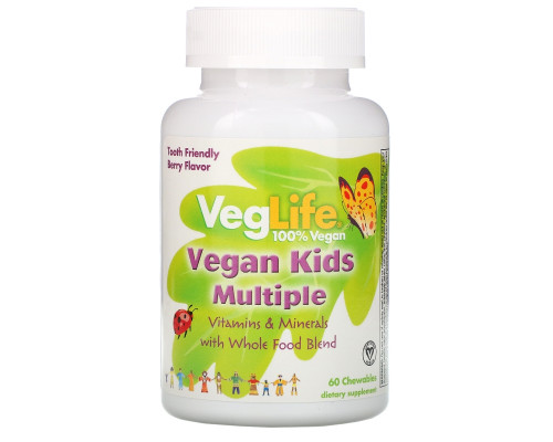 VegLife, Мультивитамины для детей растительного происхождения, вкус ягод, 60 жевательных таблеток VegLife, Мультивитамины для детей растительного происхождения, вкус ягод, 60 жевательных таблеток