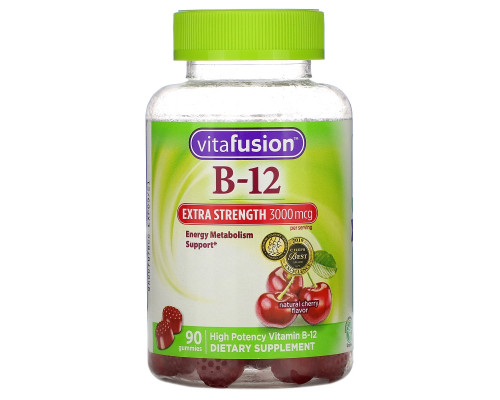 VitaFusion, Сверхсильный B-12, Натуральный вишневый вкус, 3000 мкг, 90 жевательных таблеток VitaFusion, Сверхсильный B-12, Натуральный вишневый вкус, 3000 мкг, 90 жевательных таблеток