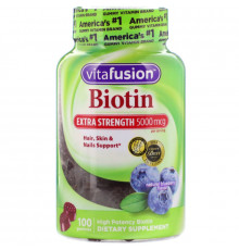 VitaFusion, Сверхсильный биотин, Для волос, кожи и ногтей, Натуральный вкус черники, 5000 мкг, 100 жевательных таблеток