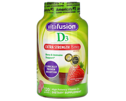 VitaFusion, Сверхсильный витамин D3, Поддержка состояния костей и иммунитета, Натуральный вкус клубники, 3000 МЕ, 120 жевательных таблеток VitaFusion, Сверхсильный витамин D3, Поддержка состояния костей и иммунитета, Натуральный вкус клубники, 3000 МЕ, 120 жевательных таблеток