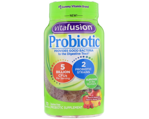 VitaFusion, Пробиотик, натуральная малина, вкус персика и манго, 70 конфет VitaFusion, Пробиотик, натуральная малина, вкус персика и манго, 70 конфет