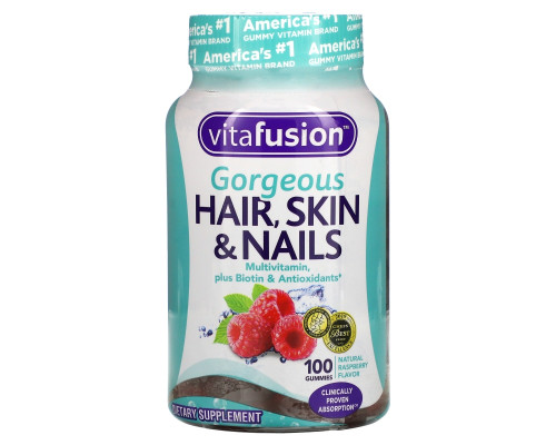 VitaFusion, Мультивитамины для шикарных волос, кожи и ногтей, натуральный малиновый вкус, 100 жевательных таблеток VitaFusion, Мультивитамины для шикарных волос, кожи и ногтей, натуральный малиновый вкус, 100 жевательных таблеток