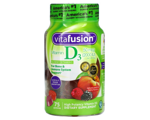 VitaFusion, Vitamin D3, Natural Peach, Blackberry & Strawberry Flavors, 2000 IU, 75 Gummies VitaFusion, Vitamin D3, Natural Peach, Blackberry & Strawberry Flavors, 2000 IU, 75 Gummies