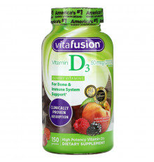 VitaFusion, Витамин D3 для поддержания иммунитета и здоровья костей, с натуральным вкусом персика, ежевики и клубники, 2000 МЕ, 150 жевательных таблеток
