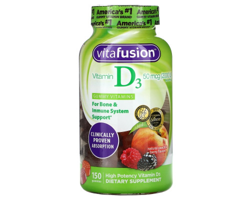 VitaFusion, Витамин D3 для поддержания иммунитета и здоровья костей, с натуральным вкусом персика, ежевики и клубники, 2000 МЕ, 150 жевательных таблеток VitaFusion, Витамин D3 для поддержания иммунитета и здоровья костей, с натуральным вкусом персика, ежевики и клубники, 2000 МЕ, 150 жевательных таблеток