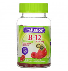 VitaFusion, Витамины B12 для взрослых, энергетическая поддержка, вкус натуральной малины, 1000 мкг, 60 конфет