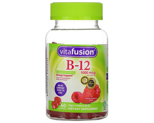 VitaFusion, Витамины B12 для взрослых, энергетическая поддержка, вкус натуральной малины, 1000 мкг, 60 конфет VitaFusion, Витамины B12 для взрослых, энергетическая поддержка, вкус натуральной малины, 1000 мкг, 60 конфет