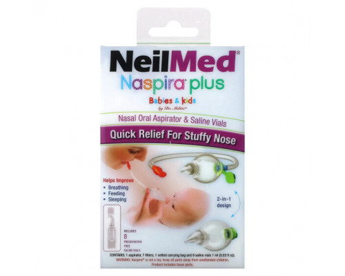 От гриппа и простуды NeilMed, Naspira Plus, назально-оральный аспиратор и флаконы с солевым раствором, для младенцев и детей, набор из 17 предметов От гриппа и простуды NeilMed, Naspira Plus, назально-оральный аспиратор и флаконы с солевым раствором, для младенцев и детей, набор из 17 предметов