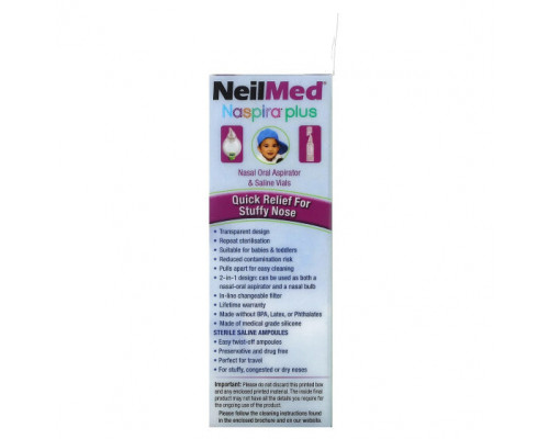 От гриппа и простуды NeilMed, Naspira Plus, назально-оральный аспиратор и флаконы с солевым раствором, для младенцев и детей, набор из 17 предметов От гриппа и простуды NeilMed, Naspira Plus, назально-оральный аспиратор и флаконы с солевым раствором, для младенцев и детей, набор из 17 предметов