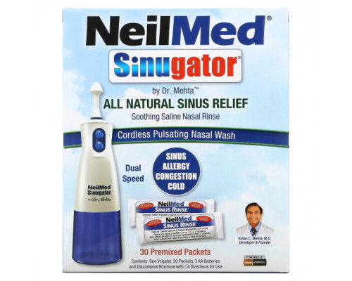 От гриппа и простуды NeilMed, Sinugator, беспроводная пульсирующая промывка для носа, набор из 3 предметов От гриппа и простуды NeilMed, Sinugator, беспроводная пульсирующая промывка для носа, набор из 3 предметов
