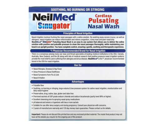 От гриппа и простуды NeilMed, Sinugator, беспроводная пульсирующая промывка для носа, набор из 3 предметов От гриппа и простуды NeilMed, Sinugator, беспроводная пульсирующая промывка для носа, набор из 3 предметов