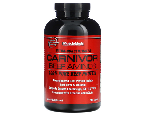 MuscleMeds, Carnivor Beef Aminos, 100% чистый говяжий протеин, 300 таблеток MuscleMeds, Carnivor Beef Aminos, 100% чистый говяжий протеин, 300 таблеток
