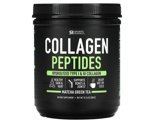 Sports Research, Collagen Peptides, Hydrolyzed Type I & III, Matcha Green Tea, 10.16 oz (288 g) Sports Research, Collagen Peptides, Hydrolyzed Type I & III, Matcha Green Tea, 10.16 oz (288 g)