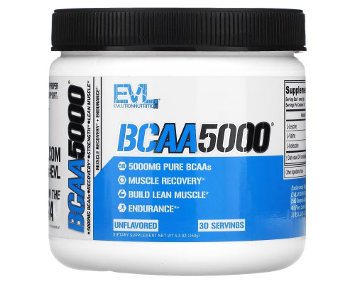 EVLution Nutrition, BCAA5000, Unflavored, 5,000 mg, 5.3 oz (150 g) EVLution Nutrition, BCAA5000, Unflavored, 5,000 mg, 5.3 oz (150 g)