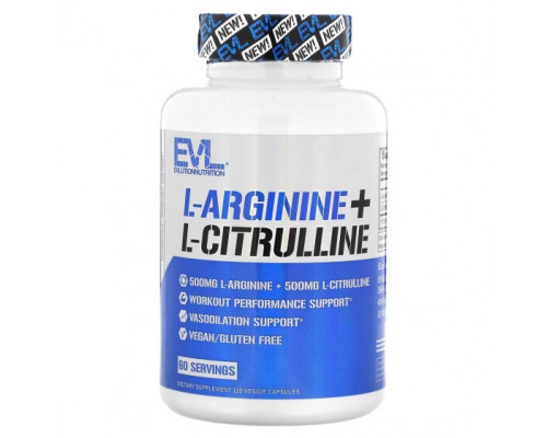 Аминокислоты EVLution Nutrition, L-аргинин + L-цитруллин`` 120 растительных капсул Аминокислоты EVLution Nutrition, L-аргинин + L-цитруллин`` 120 растительных капсул
