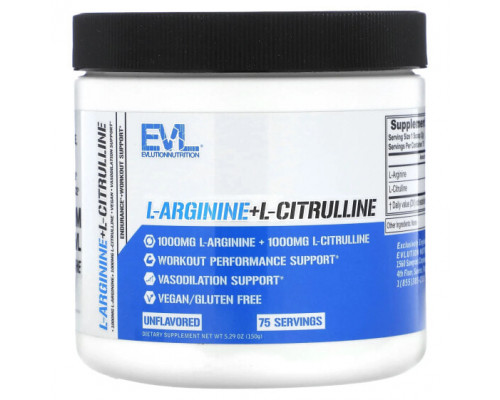 Аминокислоты EVLution Nutrition, L-аргинин + l-цитруллин, без добавок, 150 г (5,29 унции) Аминокислоты EVLution Nutrition, L-аргинин + l-цитруллин, без добавок, 150 г (5,29 унции)