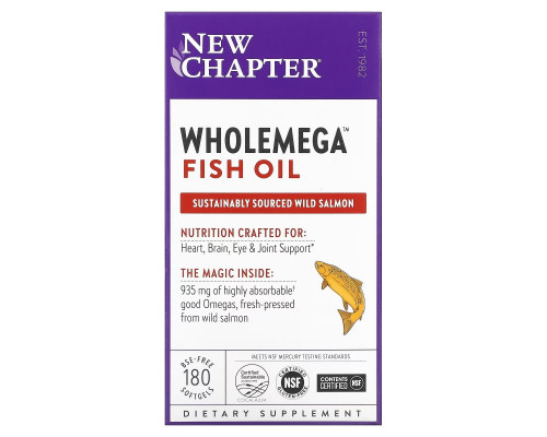 New Chapter, Wholemega, Рыбий жир первого отжима из аляскинского лосося, 1000 г, 180 желатиновых капсул New Chapter, Wholemega, Рыбий жир первого отжима из аляскинского лосося, 1000 г, 180 желатиновых капсул