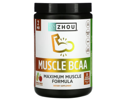 Zhou Nutrition, Muscle BCAA, Maximum Muscle Formula, Tropical Punch, 330 г (11,6 унции) Zhou Nutrition, Muscle BCAA, Maximum Muscle Formula, Tropical Punch, 330 г (11,6 унции)