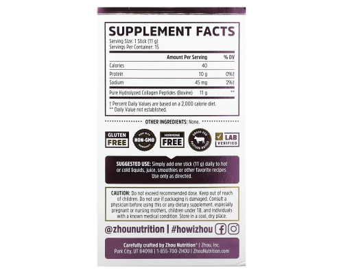 Zhou Nutrition, Collagen Peptides, Hydrolyzed Protein, Unflavored, 15 Stix, 0.39 oz (11 g) Each Zhou Nutrition, Collagen Peptides, Hydrolyzed Protein, Unflavored, 15 Stix, 0.39 oz (11 g) Each