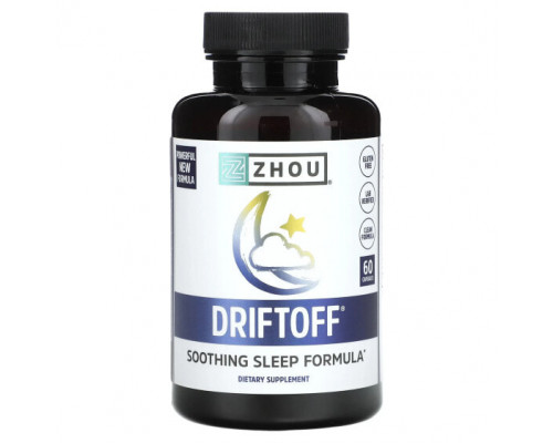 Для здорового сна Zhou Nutrition, Driftoff, формула для успокаивающего сна, 60 капсул Для здорового сна Zhou Nutrition, Driftoff, формула для успокаивающего сна, 60 капсул