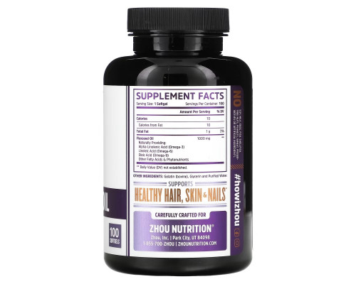 Zhou Nutrition, Льняное масло холодного отжима, 100 желатиновых капсул Zhou Nutrition, Льняное масло холодного отжима, 100 желатиновых капсул