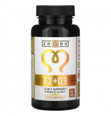 Zhou Nutrition, K2 + D3, поддержка 2-в-1, 60 вегетарианских капсул