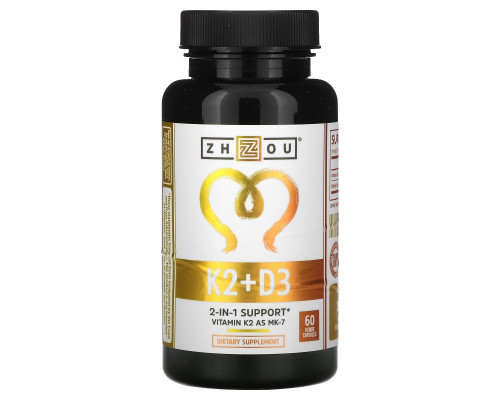 Zhou Nutrition, K2 + D3, поддержка 2-в-1, 60 вегетарианских капсул Zhou Nutrition, K2 + D3, поддержка 2-в-1, 60 вегетарианских капсул