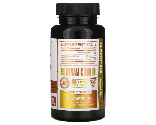 Zhou Nutrition, K2 + D3, поддержка 2-в-1, 60 вегетарианских капсул Zhou Nutrition, K2 + D3, поддержка 2-в-1, 60 вегетарианских капсул