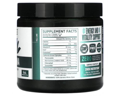 Водоросли Zhou Nutrition, Спирулина, суперфуд для долголетия, 170 г (6 унций) Водоросли Zhou Nutrition, Спирулина, суперфуд для долголетия, 170 г (6 унций)