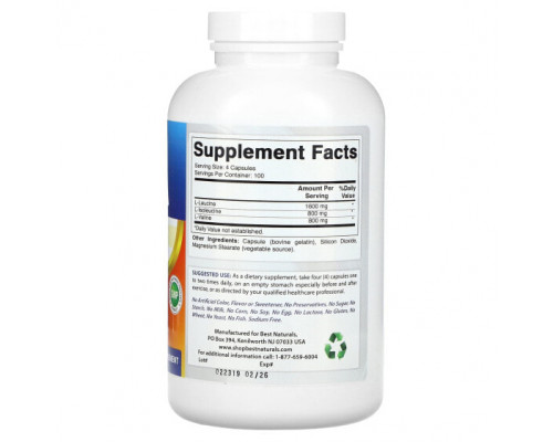 Аминокислоты Best Naturals, BCAA, 800 мг, 400 капсул Аминокислоты Best Naturals, BCAA, 800 мг, 400 капсул
