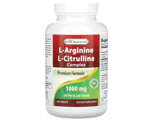 Аминокислоты Best Naturals, L-аргинин, комплекс L-цитруллина, 1000 мг, 250 таблеток Аминокислоты Best Naturals, L-аргинин, комплекс L-цитруллина, 1000 мг, 250 таблеток