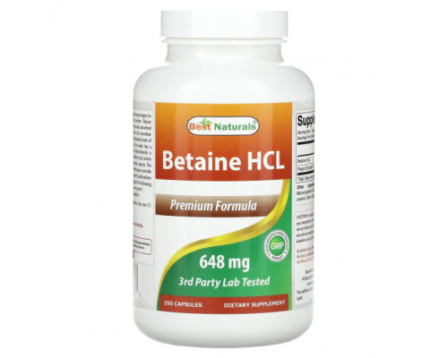 Для пищеварительной системы Best Naturals, Бетаина гидрохлорид, 648 мг, 250 капсул Для пищеварительной системы Best Naturals, Бетаина гидрохлорид, 648 мг, 250 капсул