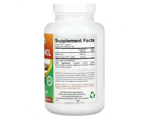 Для пищеварительной системы Best Naturals, Бетаина гидрохлорид, 648 мг, 250 капсул Для пищеварительной системы Best Naturals, Бетаина гидрохлорид, 648 мг, 250 капсул