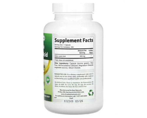 Антиоксиданты Best Naturals, Альфа-липоевая кислота, 600 мг, 240 капсул Антиоксиданты Best Naturals, Альфа-липоевая кислота, 600 мг, 240 капсул