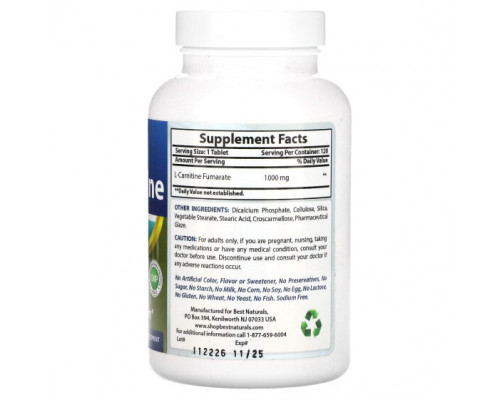 Аминокислоты Best Naturals, L-карнитин, 1000 мг, 120 таблеток Аминокислоты Best Naturals, L-карнитин, 1000 мг, 120 таблеток