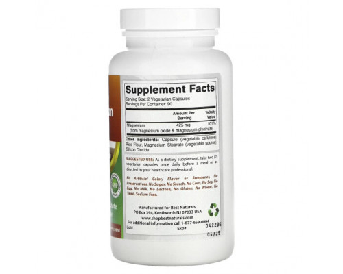 Магний Best Naturals, Магний, 425 мг, 180 вегетарианских капсул Магний Best Naturals, Магний, 425 мг, 180 вегетарианских капсул