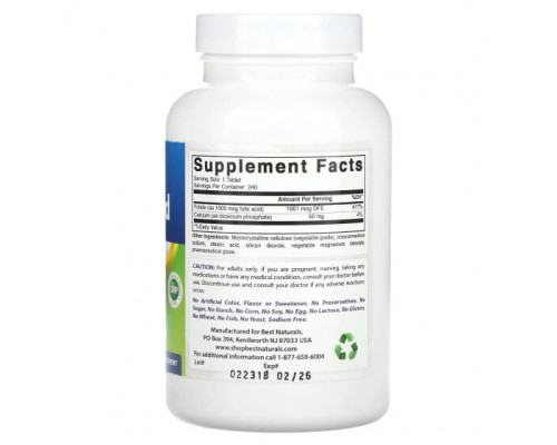 Витамины группы B Best Naturals, Фолиевая кислота, 1000 мкг, 240 таблеток Витамины группы B Best Naturals, Фолиевая кислота, 1000 мкг, 240 таблеток