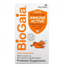 Детское здоровье BioGaia, Kids, Immune Active with L. Reuteri + витамин D, апельсин, 60 жевательных таблеток с пробиотиками