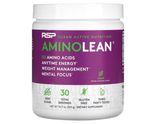 RSP Nutrition, AminoLean, 5 g Amino Acids + Anytime Energy, Grape, 10.7 oz (303 g) RSP Nutrition, AminoLean, 5 g Amino Acids + Anytime Energy, Grape, 10.7 oz (303 g)