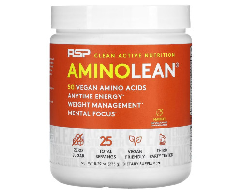 RSP Nutrition, AminoLean, 5 g Vegan Amino Acids + Anytime Energy, Mango, 8.29 oz (235 g) RSP Nutrition, AminoLean, 5 g Vegan Amino Acids + Anytime Energy, Mango, 8.29 oz (235 g)