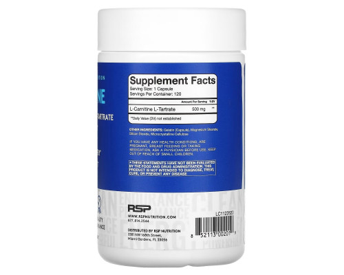 RSP Nutrition, Л-карнитин, 120 капсул RSP Nutrition, Л-карнитин, 120 капсул
