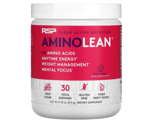 Аминокислоты RSP Nutrition, AminoLean, смесь для приготовления энергетических напитков, фруктовый пунш, 270 г (9,52 унции) Аминокислоты RSP Nutrition, AminoLean, смесь для приготовления энергетических напитков, фруктовый пунш, 270 г (9,52 унции)